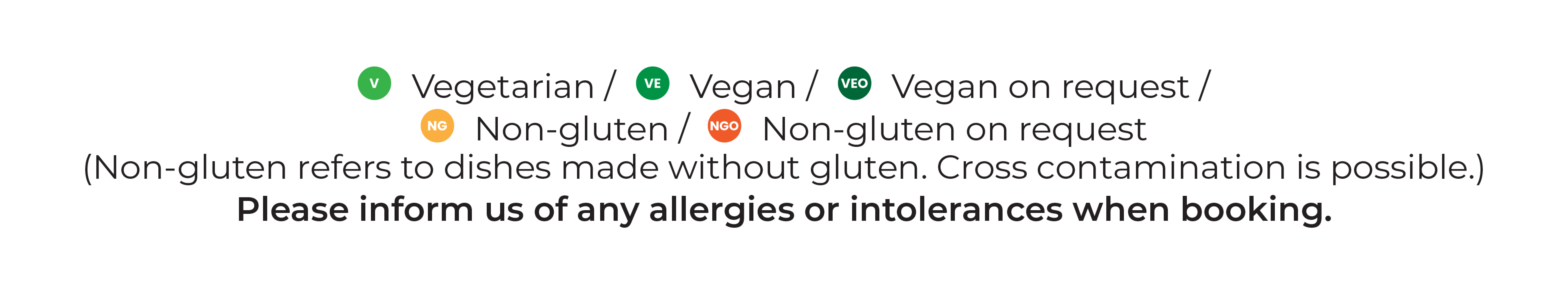 Allergen Vegetarian, vegan and non-gluten dietary key, including options available on request and a reminder to inform The Dock of any allergies or intolerances when booking.
